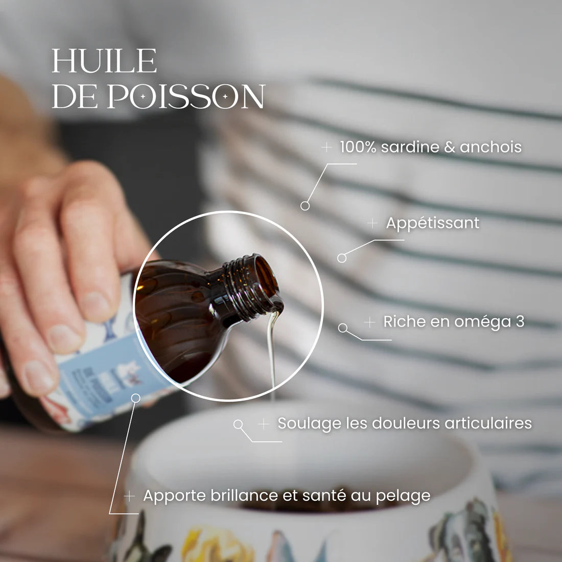 Huile de poisson 100% naturelle : appétissante, riche en oméga 3, soulage les douleurs articulaires et apporte brillance et santé au pelage des chiens et chats.